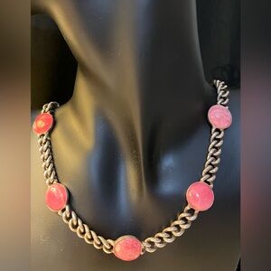 .925 Sterling Choker Necklace w/5 Genuine Polished Rhodochrosite Cabochons